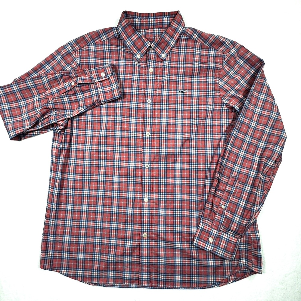 Vineyard Vines Performance Whale Shirt Mens Large Pink Blue Plaid Button Down - Picture 4 of 6